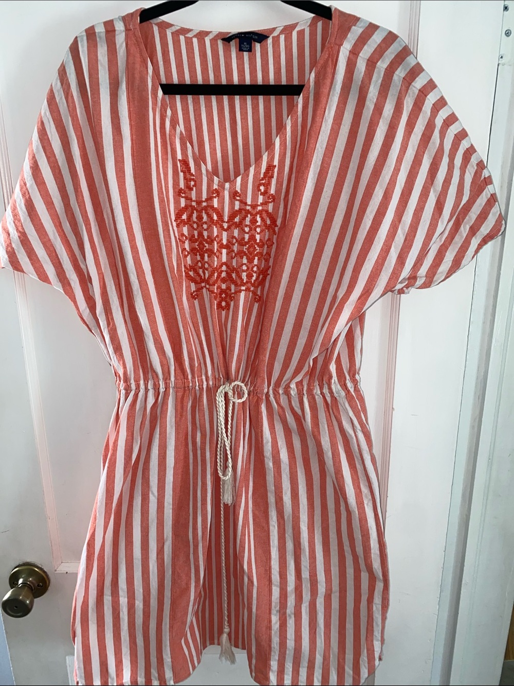 Tommy Hilfiger Coral and White Striped Midi Dress